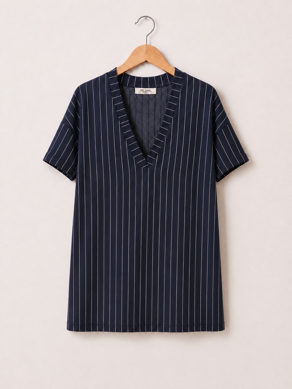 Zara Trafaluc Navy Blue And White Vertical Striped V-Neck Longline Tunic Top